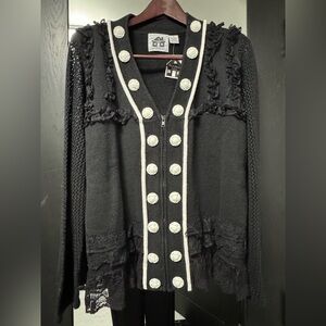 NWT Storybook Knits Vintage Cardigan Black/White Roses Trim Sweater Lace Size 1X